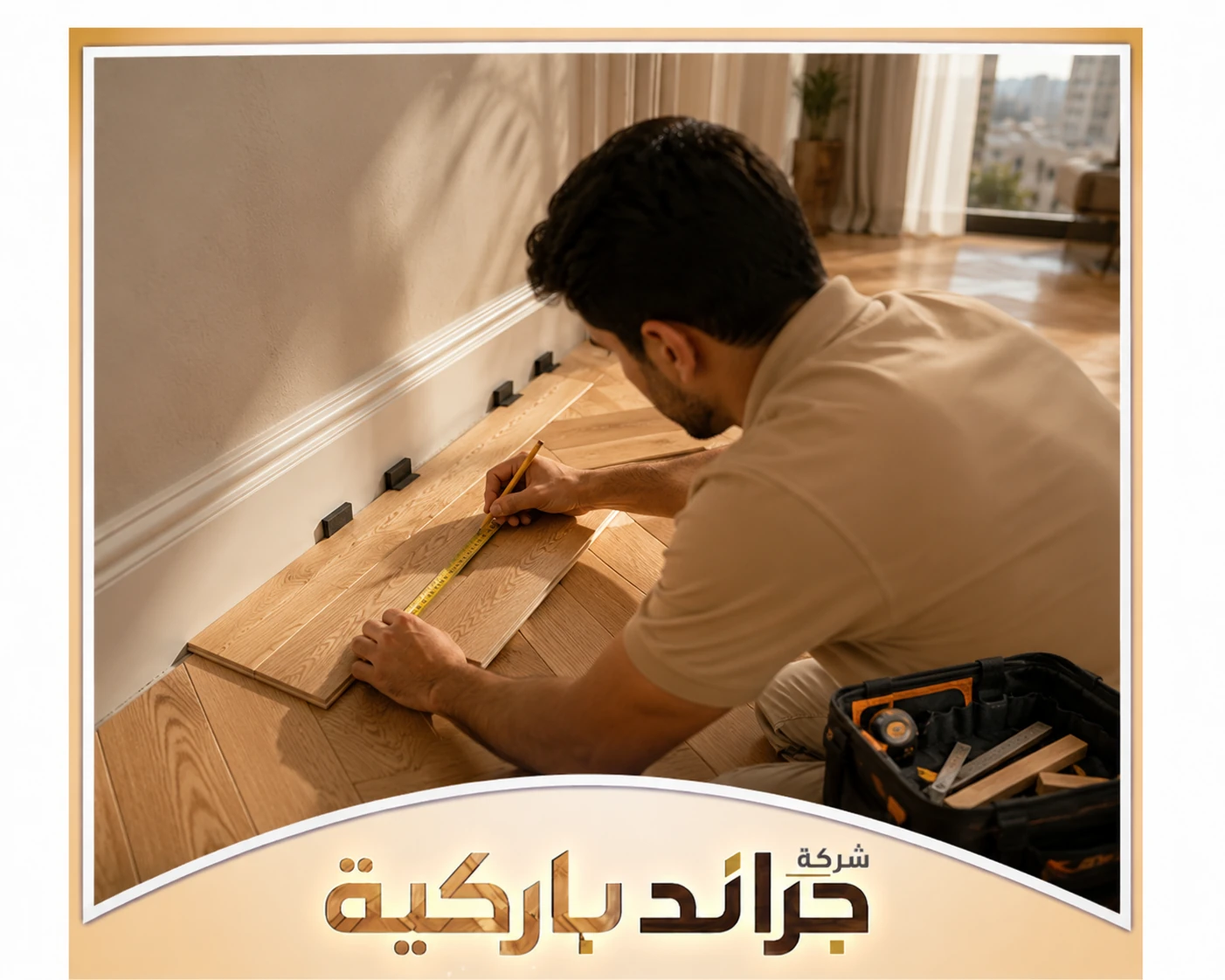 مشاكل تركيب الوزرات بطريقة غير صحيحة 0542860739 جراند باركيه فني يقيس ألواح الباركيه بدقة قبل قصها وتركيبها بمحاذاة الجدار لصالح شركة جراند باركيه.
