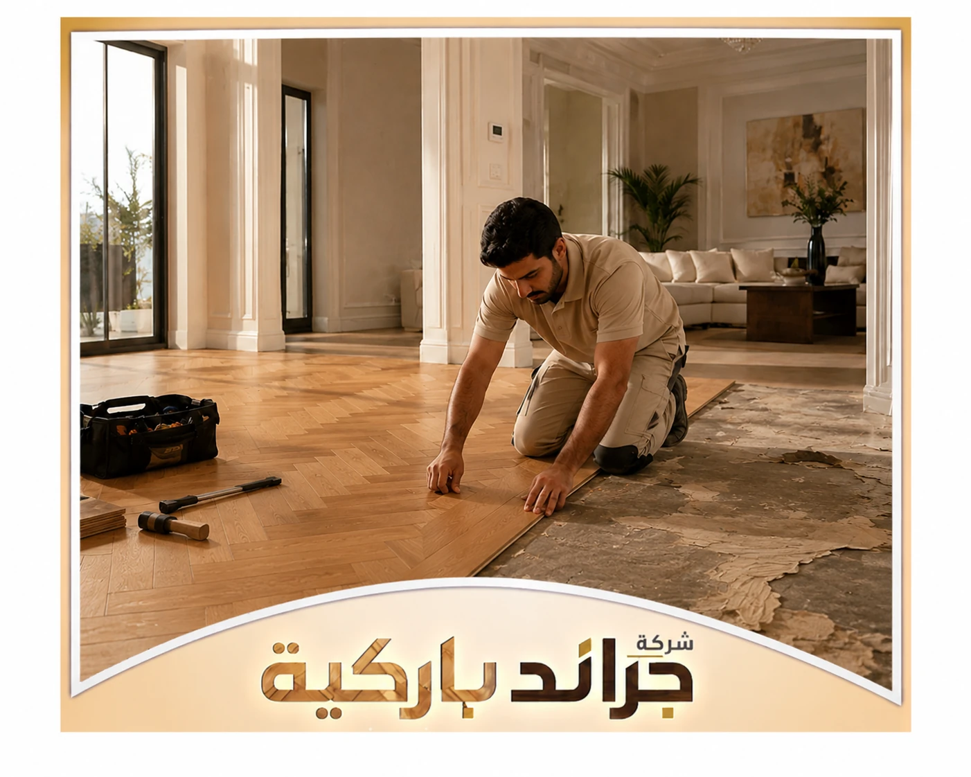 تركيب نعلات الدرج والزوايا بالرياض 0542860739 جراند باركيه فني يركب ألواح الباركيه داخل غرفة واسعة، مع ضبط المحاذاة وتجهيز الأرضية